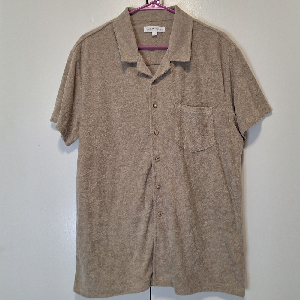 Vintage Summer Men Brown Terry Button Up Shirt Size Large